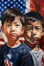 Placeholder: an expressive painting of a white and black and asian and Hispanic boys painting, with American flag in the background, we might see a companion with features of absolute strength and determination, blended with warmth and deep faith. Perhaps his face expresses wisdom and courage, with eyes radiating confidence and faith.