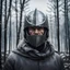 Placeholder: head photo of a man wearing an iron knight helmet, full face cover, extreme cold stormy and windy weather, cold forest tundra, cinematic and dramatic photo