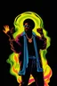 Placeholder: 70s Black light poster design in the style of George Goode, featured “a black man rais[ing] his unshackled fist while the background bursts with fluorescent yellow flame.” neon fluorescent glow, psychedelic, bright, shimmering, fluorescent colors pop and sizzle, mystique, cosmic