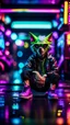 Placeholder: camera angle from feet, portrait of slick lord water wolf Gremlin myth buster pimp ninja cyber punk sitting on a hipster car parked in dark neon lit reflective wet arcade hall tunnel,bokeh like f/0.8, tilt-shift lens 8k, high detail, smooth render, down-light, unreal engine, prize winning