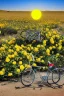 Placeholder: A weird abstract image of an oasis, a camel, astronot, broken bicycle, bush of yellow roses, clear skies with red moon, army tanker, weird, chaos80, surrealism