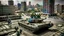 Placeholder: Israeli soldiers and tanks stand on a very large chessboard with the board upside down in the air in the middle of a destroyed city.