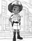 Placeholder: coloring page, depicting a black girl kid as a police officer, full body, outline, black and white, grayscale, highly defined, white background, cartoon style, coloring book style