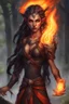 Placeholder: Fire Eladrin druid female. Hair is long and bright black, part is braided and fire comes out from it. Big bright red eyes. Creates fire from her own hands . Is holding fireball in her hands. Skin color is dark. Has a big scar on face