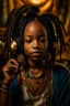 Placeholder: earthy black young woman listening to music with small old school headphones, soul, peace, majestic, earthy colours, at peace, happy, incense, jewels, bands, natural, old school headphones, blasian eyes, incense, very dark skin, crystals, gold arm bands, locs with beads, mouth slightly open