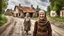 Placeholder: back to the camera in front stands a sad dark blonde young married woman in old hungarian brown villager clochts and headscarf stands on the villager old road and looks some playing happy villager children, sad, dramatic vibe, in background blur old poor house, detalied, sharp focus, high realistic