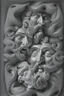 Placeholder: surreal poetic composition with multiple human bearded smiling faces with closed eyes, , 3D, high-relief, in the style of M.C.Escher, optical art, photorealistic, ambient occlusion, top light, black background , high contrast, symmetrical