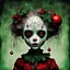 Placeholder: by Chris Friel and Dave McKean and Tim Burton, creepy porcelain doll queen of an Underworld Christmas theme, cracked face, dramatic and scary, color ink illustration, mistletoe, red and green color scheme, eerie, doll phobia, horror, surreal, gritty, Christmas in Hell theme