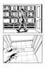 Placeholder: uncolored comic book page: top panel(man on his way out the door walks past a display of televisions on which a bulletin of wanted criminals mugshots appears, higher over the shoulder camera perspective), bottom panel(pov a woman's hand holding a pregnancy test that shows a positive result, tile floor below), panels divided at a 30 degree angle