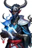 Placeholder: En Young male black skin tiefling fra dnd holding a book with Arcane Magic in a silver and White Rope. His horn a perfectly place on acet from the front to the back pointing upwards with glowing Red cat Eyes glowing Blue Arcane Magic around them ice crystals flowing around him. His close is elegant get simple