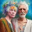 Placeholder: An old Hippie couple in colorful clothes, flowers in their white hair. Faces are full of wrinkles, slight smiles, highly intricate, delicate detailed complex, vibrant colors by Laura Burch, Tom Bagshaw, water color by jean - baptiste monge, art by ivan gantschev and greg rutkowski. by sabbas apterus Nikon D850 trending on Artstation highly detailed digital painting ultra reallistic fantasy beautiful dynamic lighting hyperrealistic cinematic postprocessing concept art