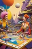 Placeholder: Humorous and quirky, avant garde, Beside a detailed Roger Dean styled sculpted biome in urban mis-en-scene, cute young ladies in neo-dada attire strike laugh as they play a futuristic board games. Colours of orange-gold, mid yellow, silver, mauve, ochre, pink, red, orange, cream, lime green, indigo blue, high end fashion, plants, odd machines and sculptures