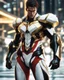 Placeholder: Stunning hyper-realistic anime illustration Powerful male protagonist dressed in striking white, red, black and gold outfit, with obsidian patterns with gold details that emits fascinating energy. Muscular, toned physique accentuated with sleek lines and details. Futuristic cityscape background that contrasts beautifully with her bold outfit. Masterful combination of sci-fi anime aesthetics and 3D rendering