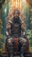 Placeholder: close up portrait of a happy blessed ancient magical king mad max soldier standing on a throne, holding a burning sceptre, in a space alien mega structure with stairs and bridges woven into a sacred geometry knitted tapestry in the middle of lush magic forest, bokeh like f/0.8, tilt-shift lens 8k, high detail, smooth render, down-light, unreal engine, prize winning