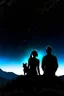 Placeholder: black background on a mountaintop and three sitting silhouettes of a fit man, a silhouette of a fit woman, and silhouette of a Belgian malinois sitting the woman looking at the stars