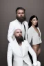 Placeholder: 8K, a Highly detailed stunning portrait of Dom man with a kneeling woman, white suit, beard, and short hair, bad boy