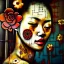 Placeholder: an abstract painting of rusted metal and flowers, beautiful smiling Yakuza Woman portrait, with fullbody japanese realistic tattoes, realistic,rust, scaffolding, iron cladding, decay, mixed media, textured, anatomically correct, beautiful perfect face, sharp focus, highly detailed by Johannes Vermeer 8k