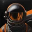 Placeholder: an oil painting by H. R. Giger of an astronaut's helmet and visor on the black background, the face is seen through it, there’s orange light coming from inside the space suit, dark lighting, minimalistic design, dark colors, horror art --ar 51:64 --v 5. 2