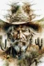 Placeholder: The old Cowboy of the Desert, double exposure cowboy face formed by a old weatheredmud hut with cactus and tumbleweeds around it, watercolor by Jean-Baptiste Monge and Yossi Kotler, Modifiers: sharp focus extremely detailed intricate oil on canvas portrait hyperrealistic high definition crisp quality