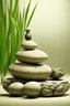 Placeholder: delicate background with spa stones and bamboo stem, in the background there is a balancing female figure statue, photorealistic photo