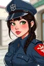 Placeholder: In a realistic, non-anime, vintage cartoon style: Bust shot of 35-year old, chubby Scandinavian dark-haired lady with green eyes and very thick lips who looks hot in police uniform