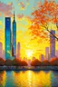 Placeholder: sunset, buildings, lake, city, park, trees, cyberpunk, distopic, sci-fi, claude monet impressionism paintings
