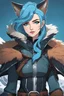 Placeholder: Woman with cute and sporty haircut, wolf ears, cerulean blue hair, light blue eyes, blue eye shadow, wearing futuristic leather armor, cloak with a fur collar, smirking, smug, wilderness background, RWBY animation style