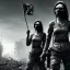 Placeholder: women, faces covered in black masks, ragged clothes, holding flag, war-torn, destroyed city in the background, 8k resolution, hyperrealistic, detailed matte painting, b&w, dynamic lighting, war, anarchy, terrorists