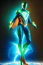 Placeholder: the flash fan with emerald lighting symbol and blue suit and orange boots