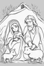 Placeholder: cartoon style, only strokes black white, simple lines, baby Jesus lying in a manger, mary and joseph, barn animals, the 3 wise men, white backgrond, white hair and beard, biblical characters, no grayscale