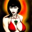 Placeholder: oil Portrait of adult busty beautiful Vampirella with green sad eyes looking to viewer, nose piercing,with ruby necklace by Simon Bisley and Frank Frazetta 8k