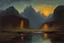 Placeholder: night, mountains, waterfall, puddle, netflix movies influence, friedrich eckenfelder and willem maris impressionism paintings