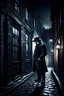 Placeholder: man in dark clothing, hiding around a corner while looking down on a brightly lit Victorian street