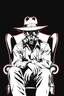 Placeholder: western styles man with hat (wide flat brim flat top) shading face, wearing a gas-mask, sitting forward on a wingback chair, vignette, black and white graphic novel style with a red outline on black background, gothic horror