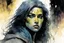 Placeholder: create in inkwash and watercolor the young female Ivrian from Ill met in lankhmar in the comic book art style of Mike Mignola, Bill Sienkiewicz and Jean Giraud Moebius, , highly detailed, finely lined facial features, grainy, gritty textures, foreboding, dramatic ethereal lighting