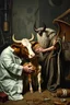 Placeholder: Satan kidnapping young calf while medicating old cow, inside science factory, painted by Rembrandt