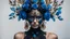 Placeholder: Beautiful vantawhite young faced girl adorned with glittering black colour bioluminescense blue gradient full bloomed rose blosooms voidcore shamanism headdress wearing metallic voidcore filigree black glittering botanical embossed costume armour bioluminescence blue gold and black wearing baroque style half face masque organic bio spinal ribbed detail of voudore decadent vantablack rainy gothica background extremely detailed hyperrealistic maximálist concept portrait art