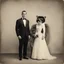 Placeholder: Vintage photo of a bride in her dress and the groom in a classic tuxedo wearing a detailed mechanical camera head, standing next to a weird humanoid partly furry creature with a sad expression, posed formally, neutral background, surreal and whimsical theme, centered composition, early 20th-century photography style.