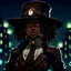Placeholder: Bad ass curly haired dark skinned girl with a hat at night in Steampunk anime style