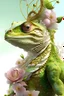 Placeholder: Beautiful Gecko green light pink gradient and gold King front wiev textured detailes skin, portrait, wearing rococo style with hate adorned with white spiders, beads, gold dust pearls organic bio spinal ribbed detail of rococo floral, white wicked background extremely detailed, athmoshpheric, hyperrealistic maximálist concept art