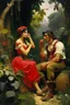 Placeholder: Carmen the Spanish gypsy girl tempts adam with a cigarette in the garden of Eden