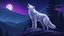 Placeholder: white wolf, standing on top of a mountain, howling at the moon, dark forest background, starry night sky, blue and purple gradient sky