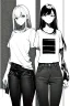 Placeholder: two girls dressed in jeans and a T-shirt walk in the city, line arts, greyscale