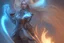 Placeholder: klotho, a awesome blond-hair woman with light superpower in one hand and a blue and light orange "K" letter on her armor, riding a roar and angry dragon surrendes death