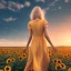 Placeholder: woman, blonde, sunflower field, sunset, back view, plain long light brown dress, windy, flower in hand