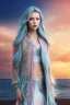 Placeholder: half body shot,realistic portrait of a 20-25 old caucasian model, long blue pink flowing hair, great grey eyes, blue leather jacket,full body, short white skirt,long legs,standing at beach of very nive lake with sunset ,clouds,godrayes