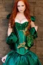 Placeholder: Busty princess with long auburn hair green eyes wearing a big dark teal green and gold satin ballgown corset off shoulder top at night