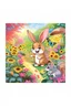 Placeholder: The cute bunny excitedly looks at a bright yellow sunflower in the colorful garden, the beautiful butterfly and friendly squirrel are in the picture, child book illustration style, faces must be the same as reference image