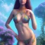 Placeholder: 3d smilling woman,bikini, full body shown, 32K, intricately detailed, plants, flowers, colorful, rtx, unreal engine 5, art nouveau, clouds, smoke, square type face