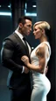 Placeholder: Jason david frank muscular male with short dark hair, wearing a designer suit, whispering in ear of young blonde woman, with short hair, wearing short white dress. hyper realistic